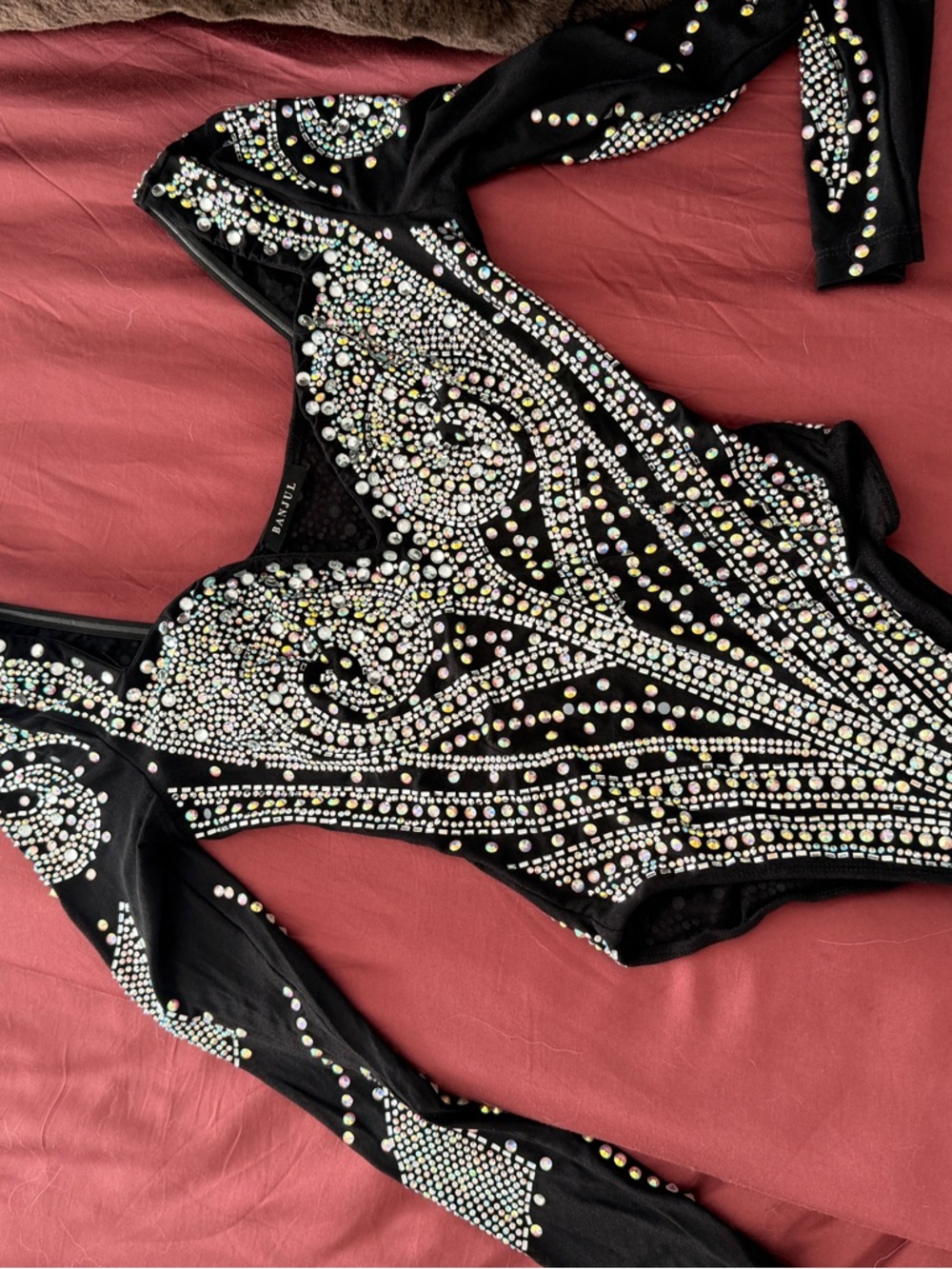 Banjul Black Long-Sleeve Embellished Bodysuit with Iridescent Stones